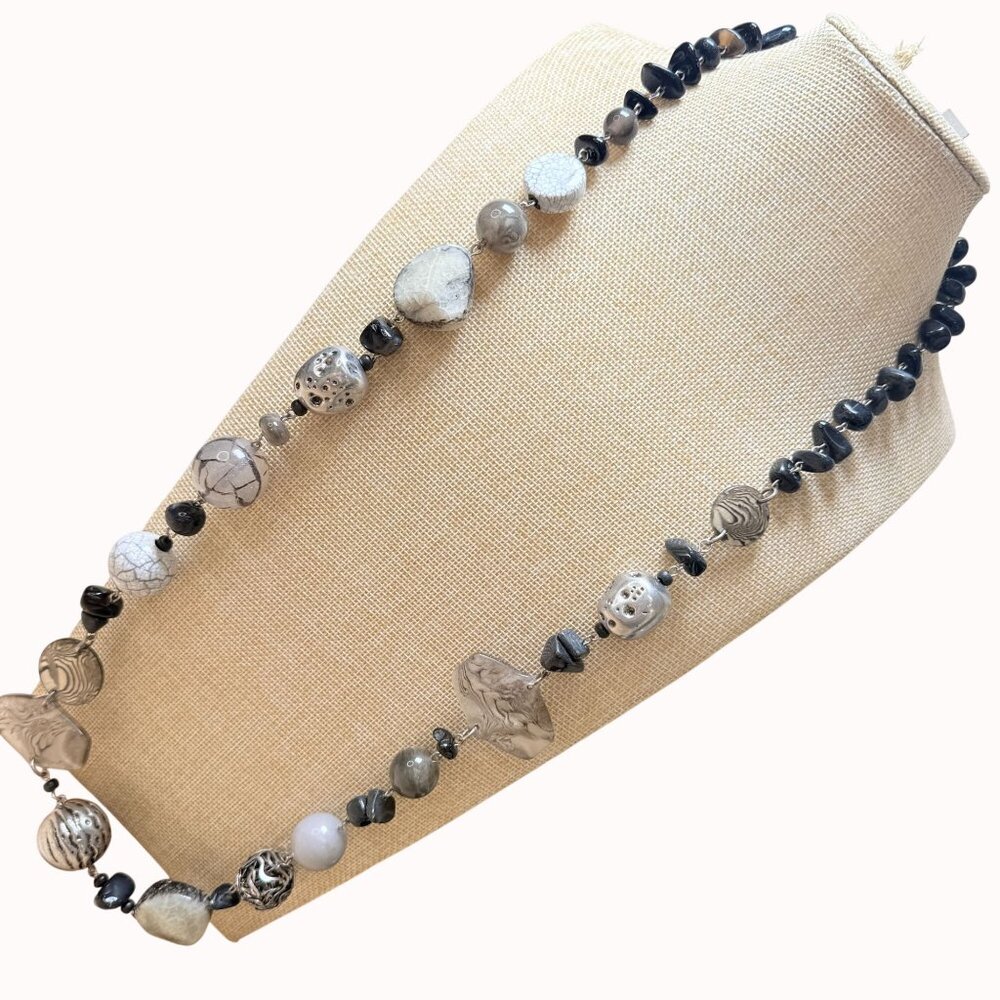 Chico's Long Bead Necklace In Monochromatic Grays & Black NWT‎